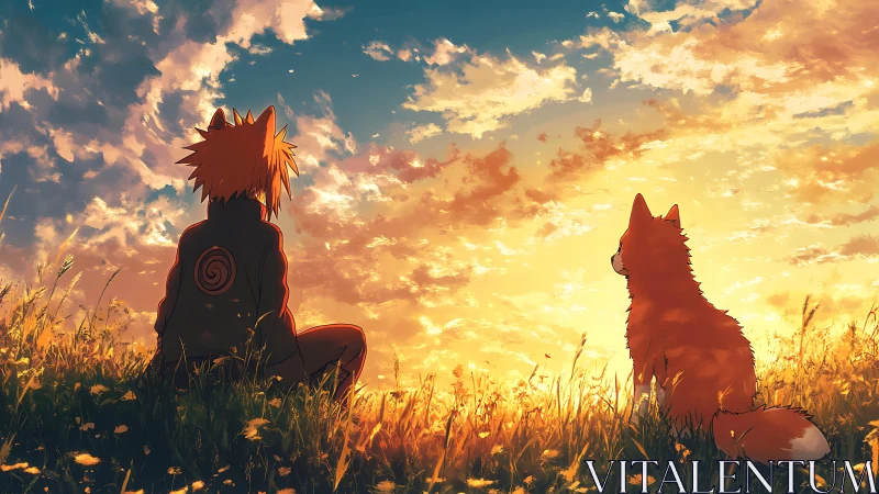 Anime sunset field scene with contemplative boy and fox silhouette.