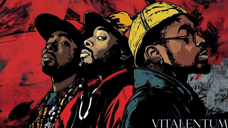Triptych hip-hop portrait with bold vector ink shading and red field