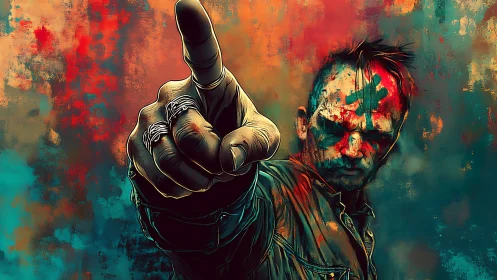 Neon-scarred rebel points through chaos-drenched color storm.