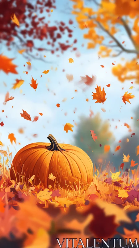 Golden pumpkin resting in a swirl of bright autumn leaves.