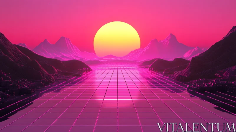 Neon horizon grids reflect retrofuturistic sun over wireframe mountains
