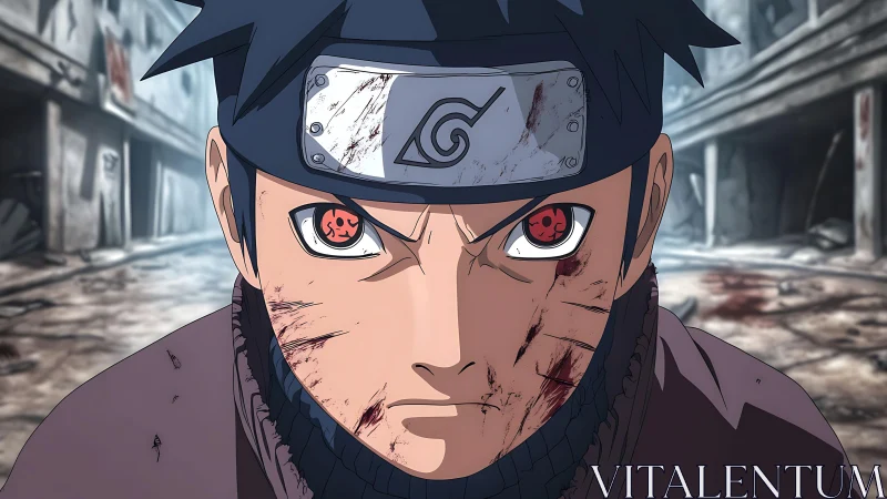 Storm-eyed ninja stands firm in a ruined quiet street.