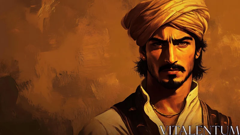 Resolute turbaned man gazes forward in warm golden light