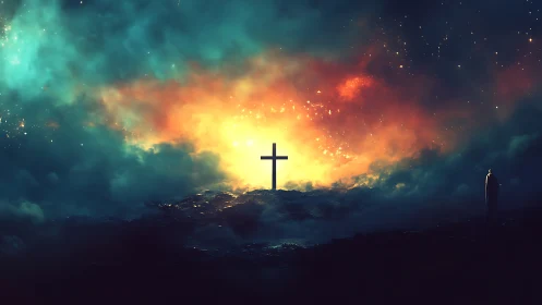 Central cross stands before luminous cloud and distant figure