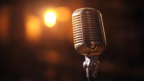Vintage microphone glows under warm stage spotlight in studio.