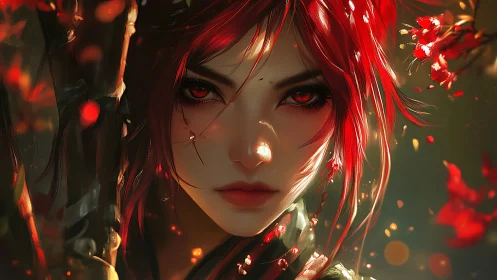 Red haired warrior portrait amid glowing petals storm.