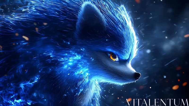 Blue energy fox profile ignites in swirling cosmic storm.