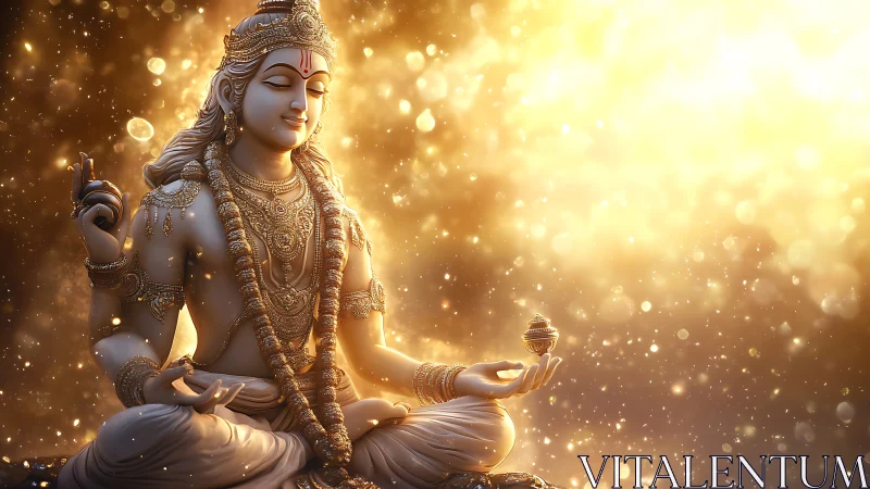 Golden-lit meditative deity sculpture with jeweled ornaments