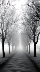 Fog-shrouded winter avenue extends into white horizon.