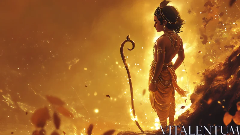 Backlit warrior silhouette amid volumetric golden particle field