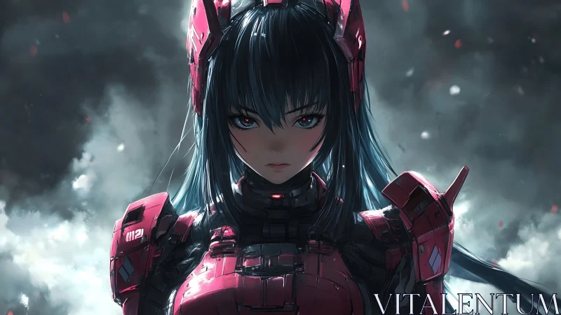 Cybernetic warrior girl in crimson armor amid storm clouds.