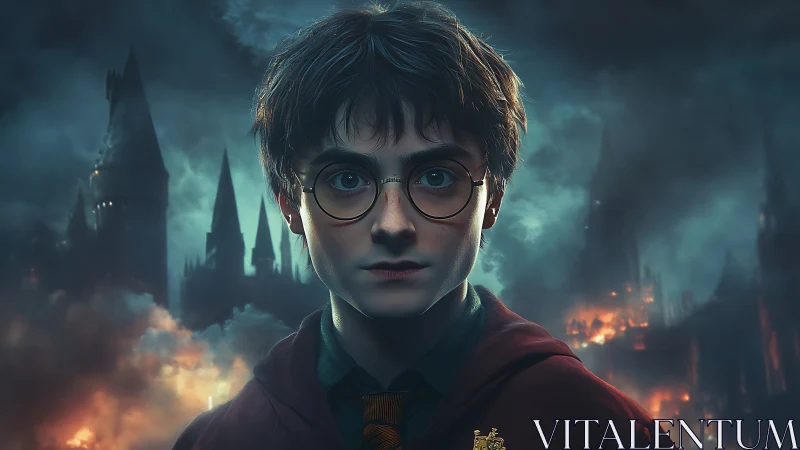 Photorealistic wizard portrait amid burning gothic fortress.