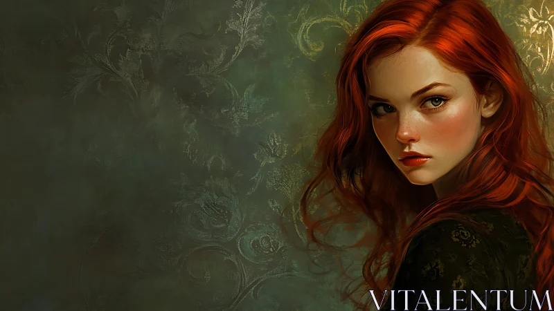Ember-haired girl smolders against brocade green silence.