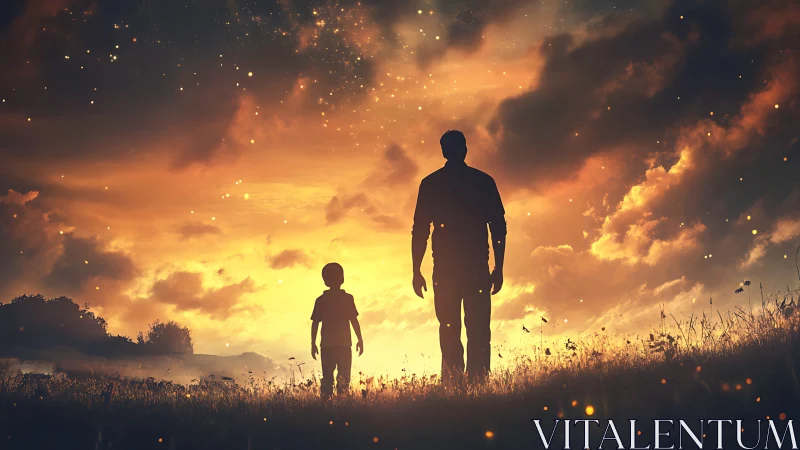 Silhouetted father and child quietly stroll through a burning sky