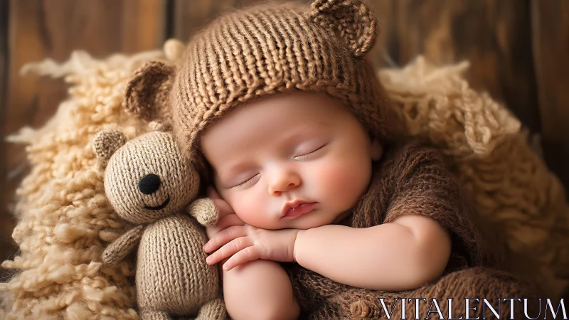 Sleeping newborn in knitted bear costume with toy companion