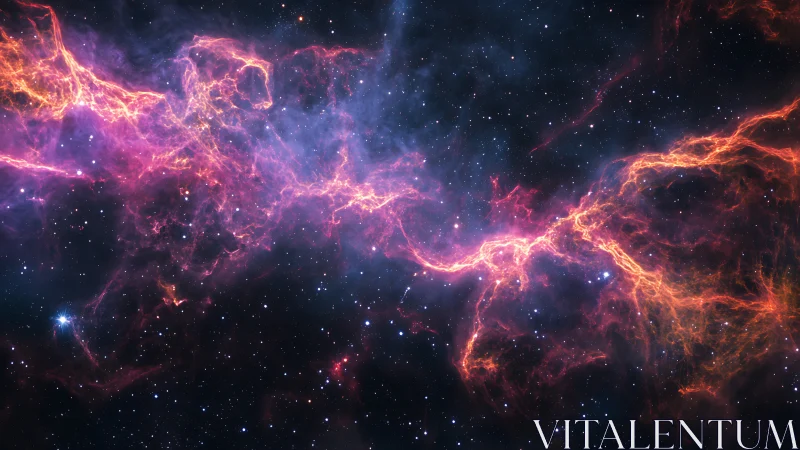 Nebula filaments blaze across a star-filled cosmic void.