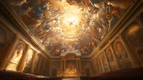 Baroque nave with apotheosis ceiling in luminous foreshortening.