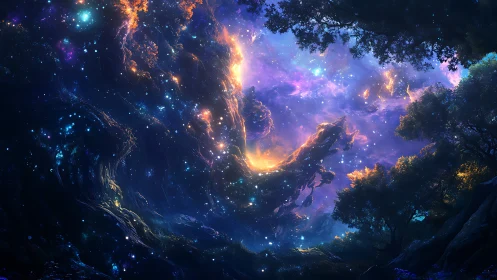 Nebula-lit forest canopy frames luminous cosmic vortex sky