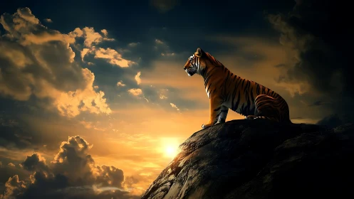 Tiger stands on rocky peak against dramatic sunset sky