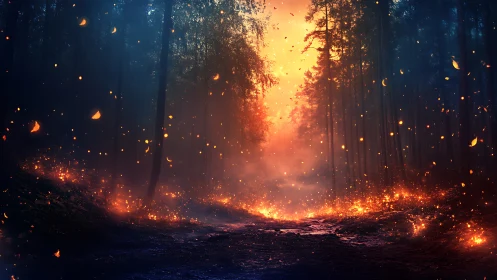 Forest fire in woodland environment with intense orange flames