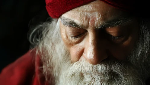 Quietly closed eyes rest on a face lined with gentle years