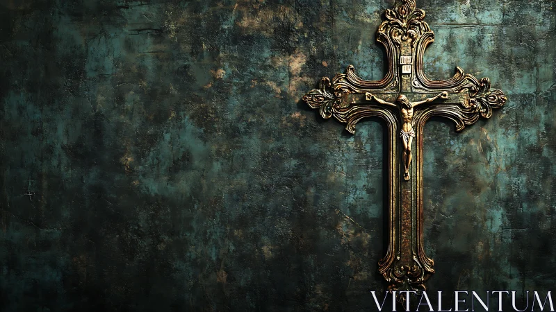 Baroque crucifix on patinated teal wall, high-contrast rendering.