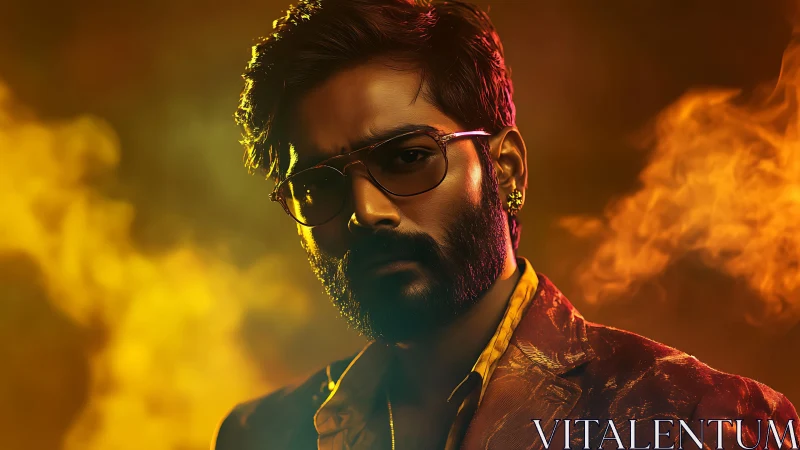 Velvet-shadowed icon smolders through molten amber haze