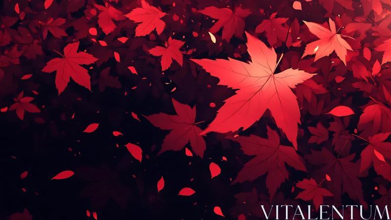 Crimson maple leaves drift like quiet sparks over dusk