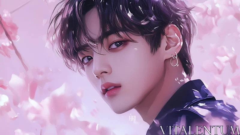 Digital portrait under sakura bloom with luminous shading.