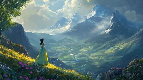 Woman in yellow dress overlooking bright valley landscape.