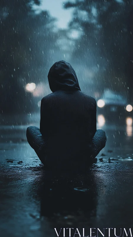 Midnight hooded dreamer listens to the rain&rsquo;s low heartbeat