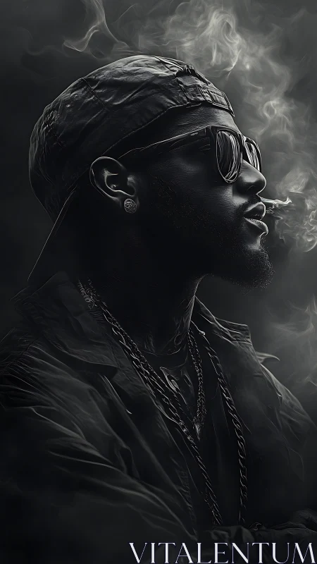 Man in side profile wearing cap and sunglasses exhales smoke