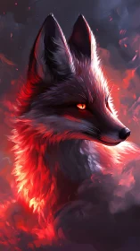 Luminous ember fox portrait in swirling crimson smoke.