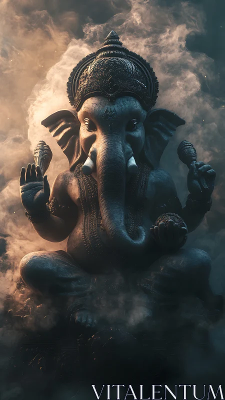 High contrast render of seated Ganesha statue in volumetric fog