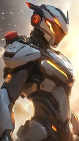 Cinematic exosuit portrait in luminous cybernetic armor design.