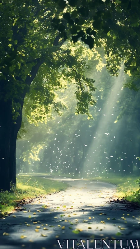 Sunlit forest path with volumetric light rays and floating particles