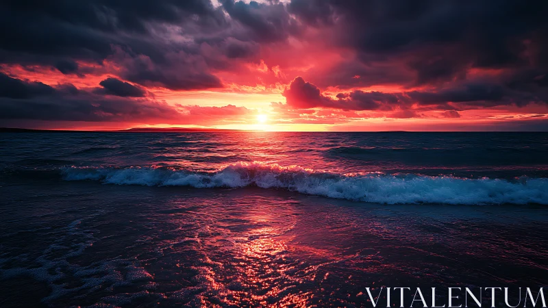 Intense red sunset over dark ocean waves and clouds.