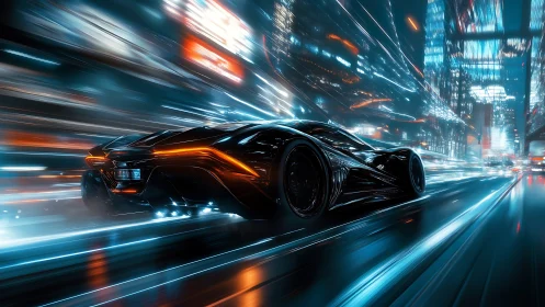 Futuristic black supercar on neon city street at speed.