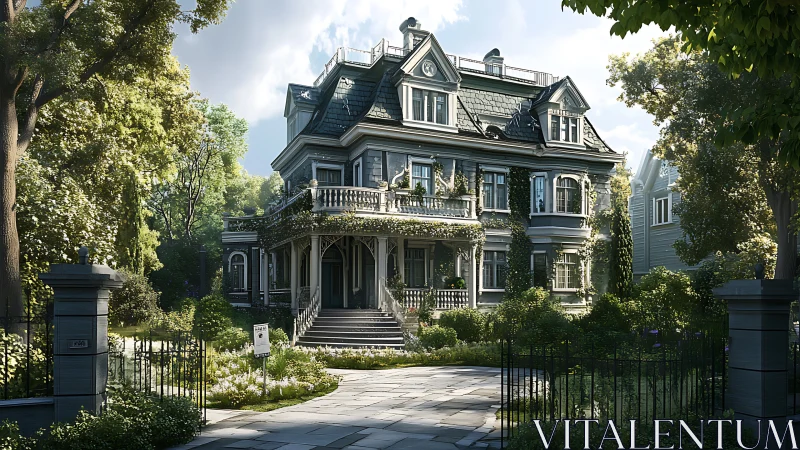 Victorian manor villa glows amid lush landscaped garden.