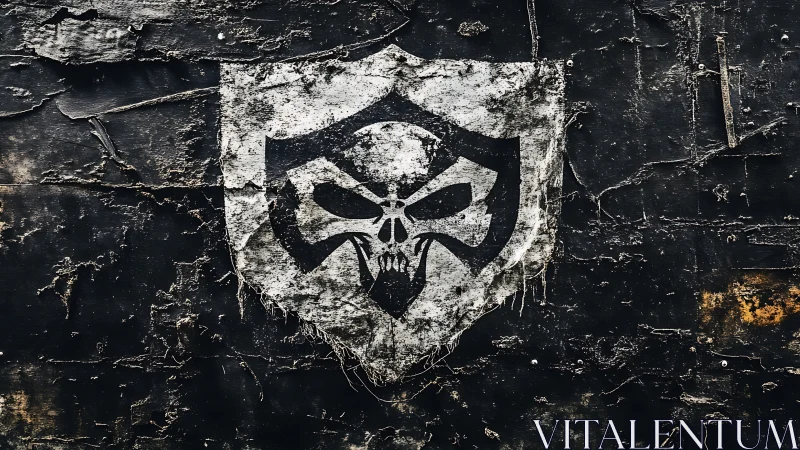 Grim skull sigil clawed into weathered urban battle wall.
