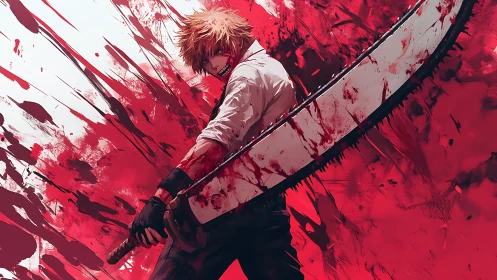 Blood-soaked warrior steadies his massive blade in crimson fury