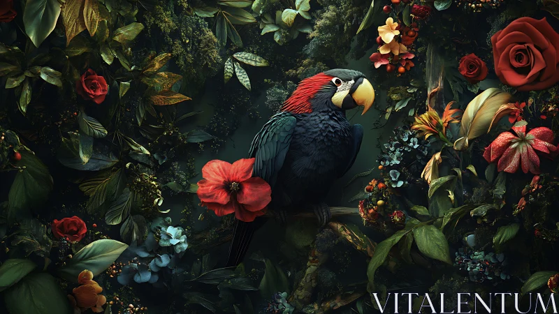 Exotic parrot perches amid hyper-detailed florals in chiaroscuro