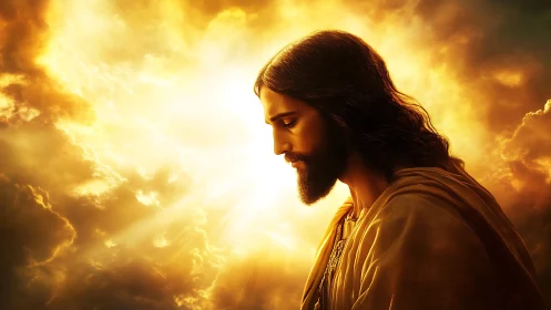 Backlit robed figure in golden volumetric cloud illumination