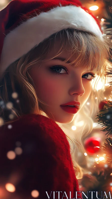 Female figure in red Santa hat beside lit tree at night.