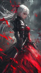 Crimson-armored sword maiden stands amid swirling battle strokes.