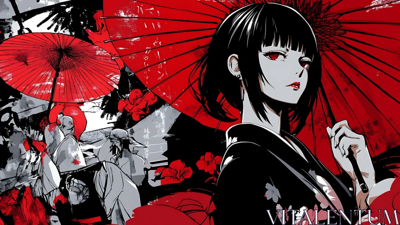 Monochrome kimono figure with red parasol and crowd scene.