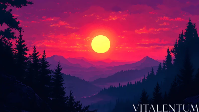 Neon-gradient sun sets behind layered coniferous mountain ridges