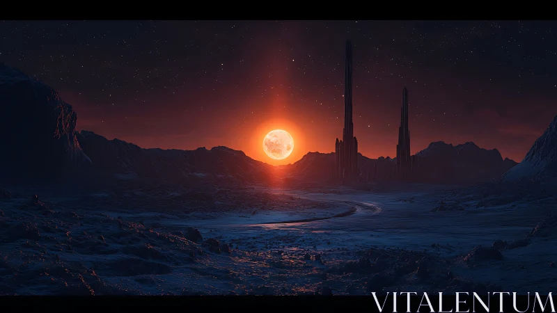 Alien tundra under crimson moonrise and towering spires.