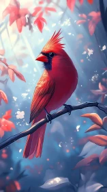 Crimson cardinal perched in luminous fantasy forest.
