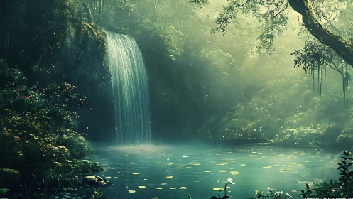 Soft morning light welcomes a tranquil forest waterfall pond